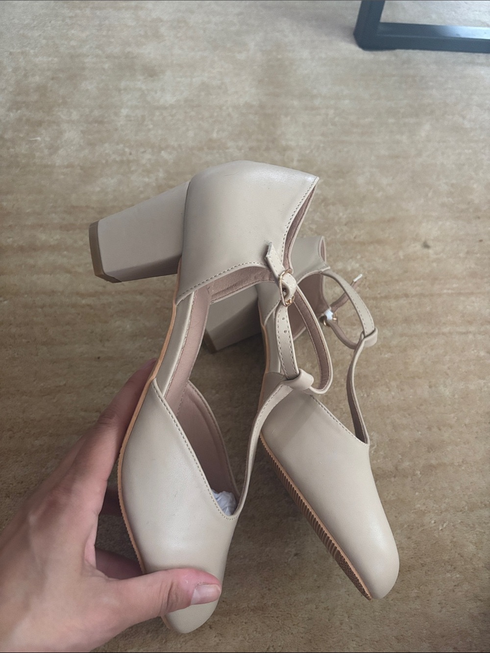 Women's T-Strap Block Heel Pumps in Beige - Picture 3 of 5
